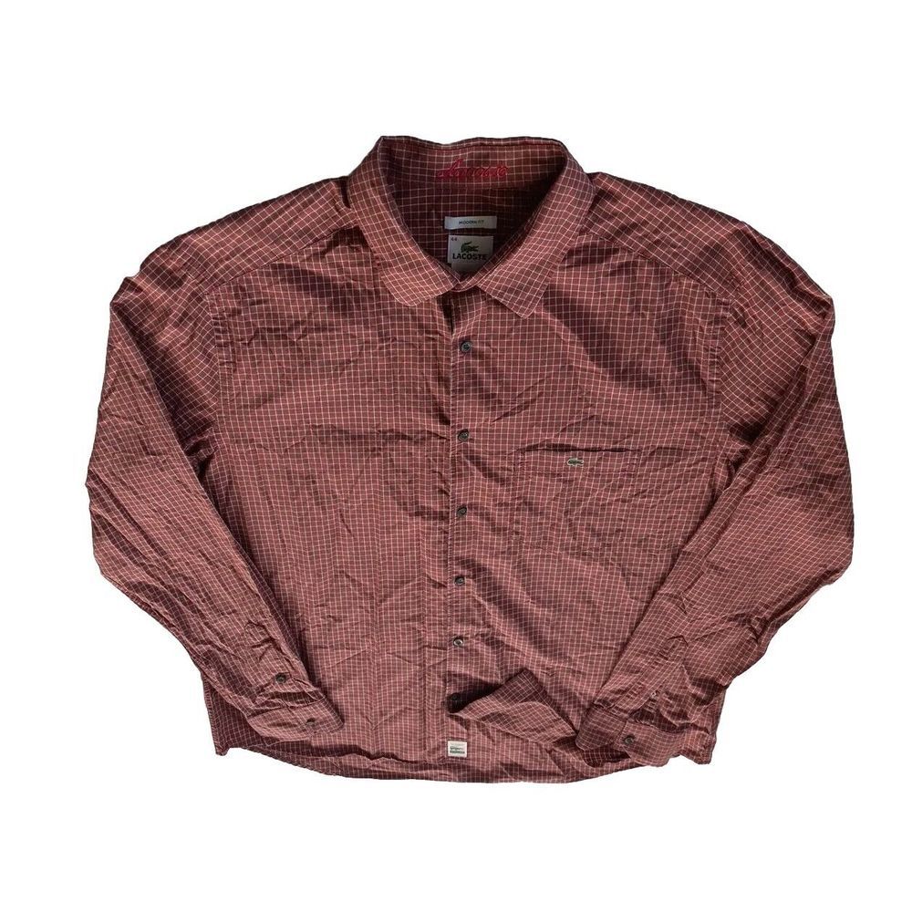 Lacoste Men 44 Short Sleeve Buttons Plaid Shirt plaid Red Embroidered Modern Fit